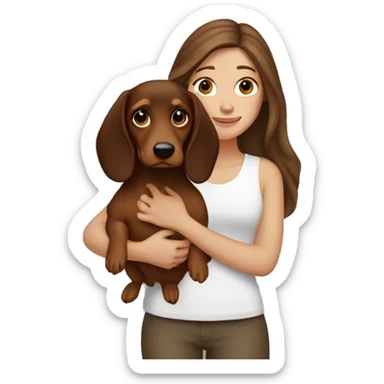 White girl long brown hair and holding a dachshund  in her arms sticker