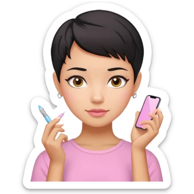 tan girl pink shirt with black hair & a pixie cut no earrings doing cute pastel colors skin care sticker
