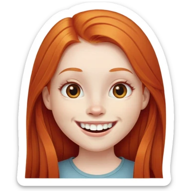 traditional emoji of young girl with very pale skin, long straight bright ginger red hair, regular human eyes (not cat-like), wide nose, big smile with extremely large prominent teeth showing, classic round face sticker