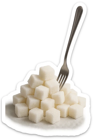 monagna di zollette di zucchero con una forchetta appizzata sopra, iperrealistico 4k sticker