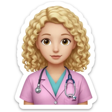 Apple-style emoji of a young woman with long, soft blonde curly hair, wearing light pink medical scrubs

 sticker