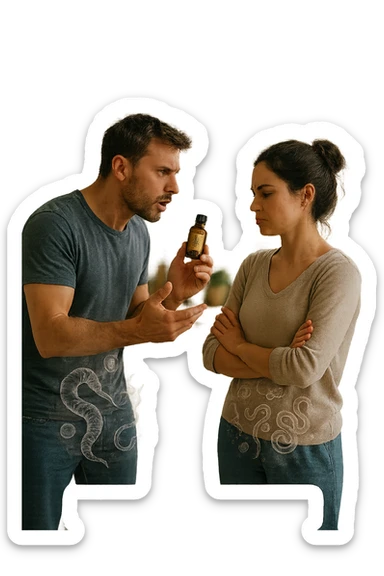 A highly realistic, cinematic photo of a young couple in their early 30s having an argument in a bright modern kitchen. The man, athletic build, wearing a casual T-shirt and jeans, is speaking firmly with a raised hand holding a small amber glass bottle labeled with a subtle herbal symbol, saying 'Andiamo a fare il trattamento antiparassitario' with a determined expression. The woman, with long dark hair tied in a messy bun, casual home outfit, crosses her arms with an angry, defensive expression, replying 'Ti ho detto di no! Io non ci credo!' while slightly turning away. Tension is visible in their body language, with the man leaning forward trying to explain and the woman leaning back, her eyebrows furrowed. Around them, subtle ghostly overlays of microscopic parasites are faintly visible near their abdominal areas, symbolizing the hidden reason for the argument. The kitchen is bright and modern with plants and natural light, contrasting the emotional tension. The style is hyperrealistic with warm tones and shallow depth of field focusing on their facial expressions, illustrating the conflict between belief in natural treatments and skepticism within the couple regarding hidden parasitic infections. in italiano sticker