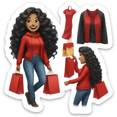 A happy woman with long black hair, big smile, holding shopping bags, curvy figure, festive red outfit sticker