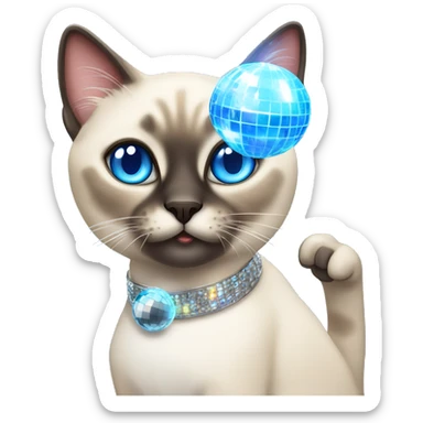 blue eyed siamese Tabby mixed cat holding a disco ball sticker