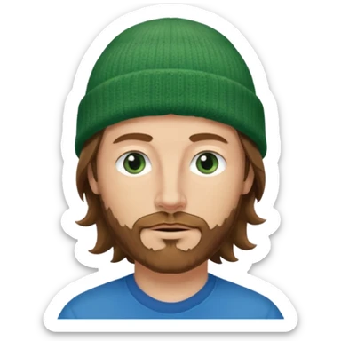 white man
aged 40
Blue eyes, 
mid length brown wavy hair
Green beanie hat
Stubble sticker