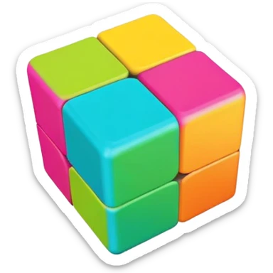 A 3x3 Rubik's Cube with vibrant tropical colors: bright turquoise, hot magenta, lime green, sunshine yellow, coral orange, vibrant aqua, minimalist iOS emoji style sticker