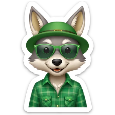 friendly anthropomorphised wolf in green plaid shirt and green attire for St. Patrick's Day, wearing dark sunglasses, festive pose sticker