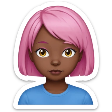 Black cat wearing a short pink hair wig, blue T-shirt sticker