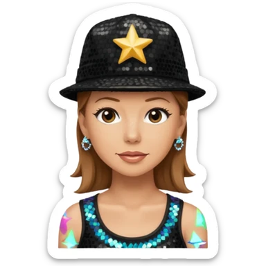 Donnie Wahlberg from NKOTB with light brown hair, black sequin crop top and hat sticker