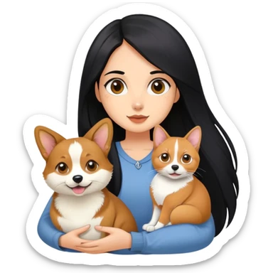 The girl with long black hair holding a corgi and a Abyssinian cat sticker