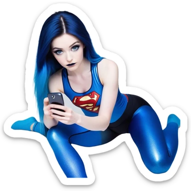 Shameful-head tilted-texting on phone-very very very large upper body-sexy face-bending forward at waist-very long very straight dark blue to light blue ombre hair-and-blue eyes-thick black eyeliner-thick long eyelashes-iridescent blue lowcut tanktop with black leggings with glitter superman logo sticker