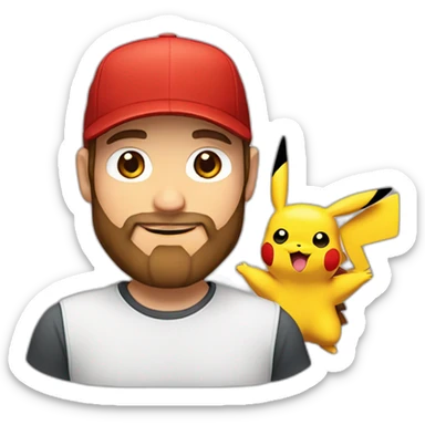 white man with brown hair and beard and a red cap, holding and a pikachu pokemon sticker