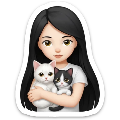 a girl with long dark black straight hair, in a white t-shirt, hugs a persian kitten 3 months old had a half spot black on her face and white one cat. emoji | AI Emoji Generator sticker