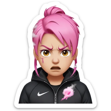 angry emoji with steam coming out of nose, pink hair, wearing black Nike jacket, natural skin tone sticker