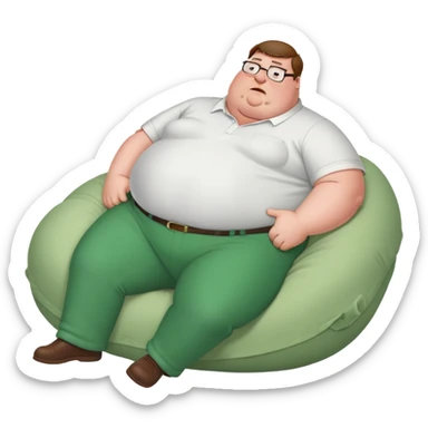Peter Griffin from Family Guy with a very large pregnant belly, laying down on his back, sweating profusely, wearing green pants and white shirt sticker