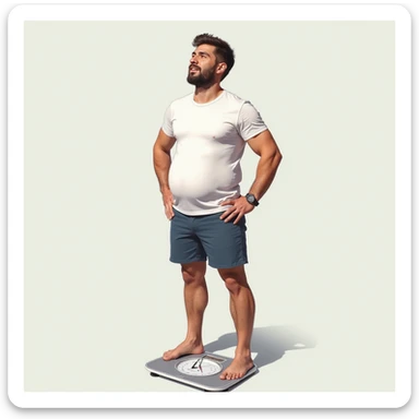 Italian man standing on a scale, looking at the result with hopeful expression; transparent illustration showing body fat loss, realistic style, vertical 9:16 aspect ratio sticker