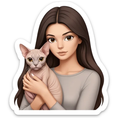 brunette Kendall Jenner with long hair holding on the hands a white Sphynx cat and a grey Sphynx sticker