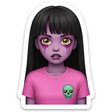 light-skinned Black zombie girl with black eyes, long black hair with bangs, wearing a pink t-shirt sticker