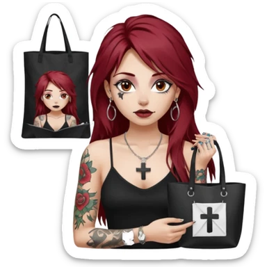 generate an ios genmoji of a fair girl with long dark red messy hair with eyeliner on her eyes.  septum piercing, wearing a cami black top, has tattoos, on shoulders. ear piercings. wearing a cross silver necklace. carrying a tote bag on her shoulders with chart paper peeking out. sticker