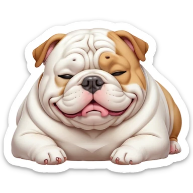 Cinematic Meme-Worthy Chubby Sleeping White English Bulldog Portrait Emoji, Head resting peacefully with a contented smile, showcasing a delightfully chubby build and a luxuriously soft pure white coat, eyes shut in a serene nap, Simplified yet hilariously adorable features, highly detailed, glowing with a soft, drowsy light, high shine, relaxed and utterly lovable, stylized with an air of playful laziness, bright and heartwarming, soft glowing outline, capturing the essence of a comically sleepy guardian, so meme-worthy it feels like it could instantly become the next viral sensation of adorable slumber! sticker