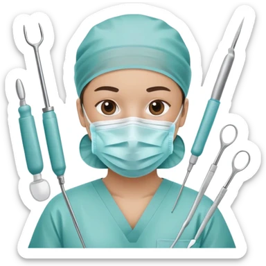 Surgeon in operating room with surgical mask and tools sticker
