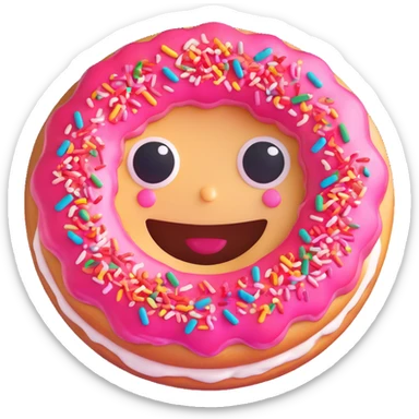 cute and expressive emoji-style face made entirely from a donut, big sparkling eyes, joyful smile, colorful sprinkles, cherry on top, representing happiness and love for sweets sticker