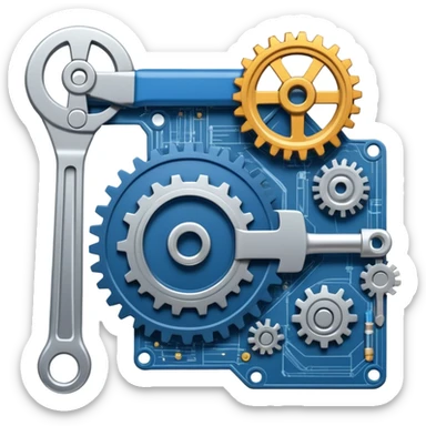 An icon featuring gears, a wrench, and a blueprint, symbolizing engineering. The design includes a mechanical arm, circuit boards, and construction tools, representing innovation, problem-solving, and technological advancement. Transparent background highlights the science of design sticker