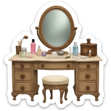 Antique vanity with mirror and skincare products laid out  sticker