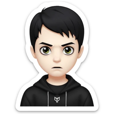 Vampire boy with the black hair, pale-white skin, black eyes, little fangs and dark circles under his eyes. He has serious face and he wear a black oversize sweatshot sticker