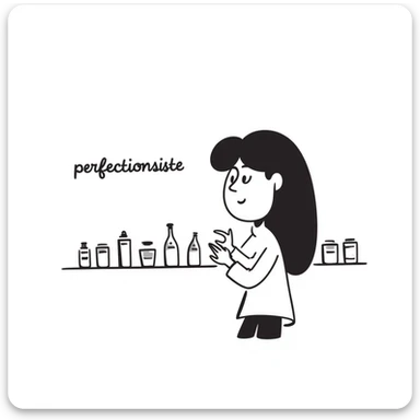 hand-drawn doodle of a perfectionist organizing objects in a straight line, neat and tidy, with text 'perfectionniste' sticker