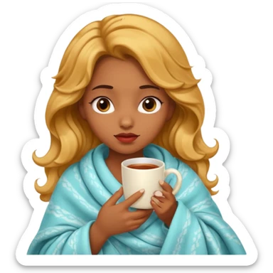 cute and sexy brown skin girl, golden wavy hair, sexy face expression, feeling sick, nose is red due to sickness, covered by blanket, holding tea mug in hands sticker