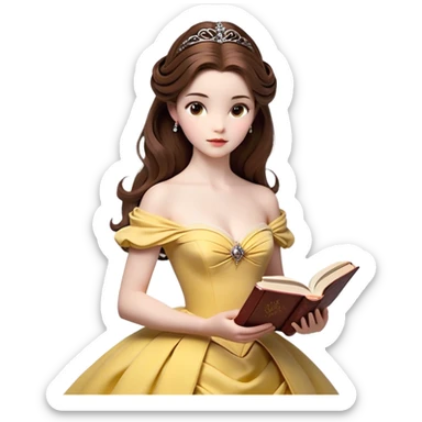 Cinematic Realistic Belle Portrait, depicted with lifelike skin texture, soft natural lighting, and intricately detailed brown hair styled elegantly. Her deep, expressive eyes exude warmth and intelligence, complemented by a serene and graceful expression. She gently holds a book in one hand, her other hand resting at her side, radiating an aura of beauty and intellect. She is dressed in her classic yellow ball gown, the fabric rich in texture with delicate folds that catch the light beautifully. The portrait features a soft, enchanting glow with a natural, radiant finish, capturing the essence of timeless beauty in a realistic and painterly style, evoking a sense of depth and authenticity. sticker