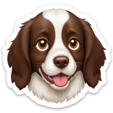 Cinematic Comical Springer Spaniel Portrait Emoji, Head tilted dramatically with an exaggeratedly amused expression, featuring a striking liver and white Fur with dynamic patterns, wide, expressive brown eyes filled with playful disbelief, Simplified yet hilariously expressive features, highly detailed, glowing with a slightly sassy glow, high shine, dramatic yet playful, stylized with an air of cheeky mischief, bright and endearing, soft glowing outline, capturing the essence of a spirited and over-the-top companion, so meme-worthy it feels like it could side-eye its way into internet fame instantly! sticker