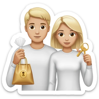 Blonde guy holding a plastic bag of white powder and blonde girl holding a gold key sticker