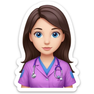pretty brunette nurse with long hair and blue eyes in pink and purple dinosaur pattern scrubs sticker