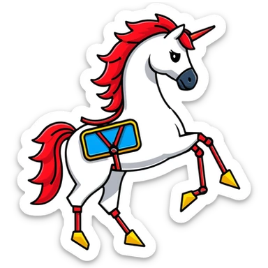 fast electric horse made of electricity, metal plates, bolts, visible blue and red wires, lightning coursing through its body, robotic appearance sticker