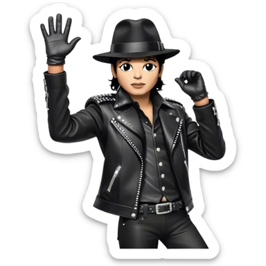 Icon for R&B Music: Michael Jackson in his black fedora, sparkling glove, and leather jacket, striking his famous final pose after performing, with one arm raised and head tilted back. Musical notes surround him, symbolizing the essence of R&B. Transparent background. sticker