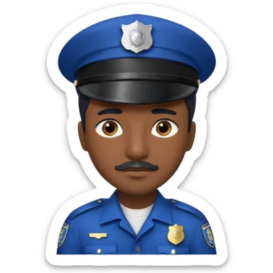 A police officer with dark skin tone, wearing a dark blue police cap with a silver badge in the center, short black hair mostly covered by the cap, large brown eyes, a small black mustache, and a neutral expression. sticker