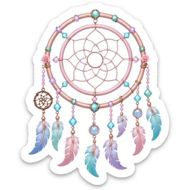 Rosy shiny glossy sparkly romantic pastel crescent damask moon with rose quartz pastel vines pastel gems pastel beads with feathers and chains  suncatcher-dreamcatcher sticker
