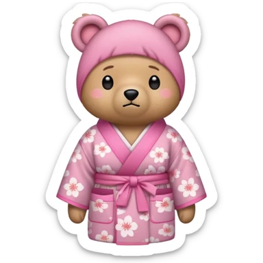 A cute light-brown bear wearing a pastel pink sakura-patterned kimono, normal balanced body ratio.  
Pulling out both empty pockets with a sad and embarrassed expression, small sigh lines.  
Kawaii emoji style, minimalistic clean sticker illustration, white background. sticker