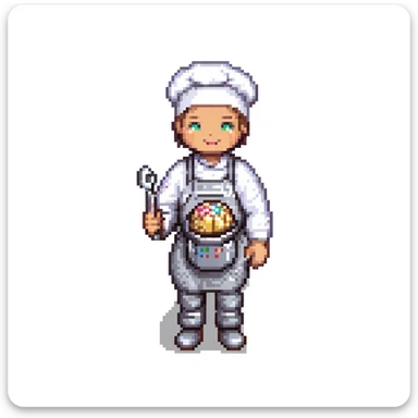 Portrait of a baker wearing a metallic baking suit with built-in tools, chrome textures and LED accents, skeuomorphism style sticker