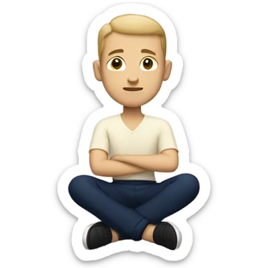 Light skinned man meditating sitting down with cream shirt and navy blue pants.  sticker