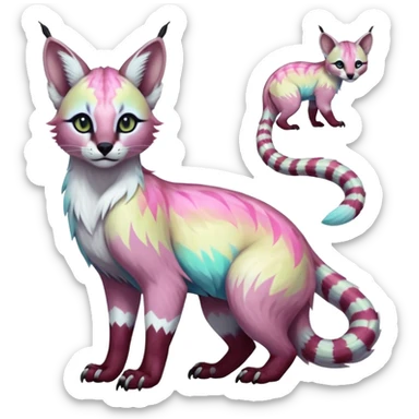 Colorful tropical tribal pale light fruity pastel white glorious iridescent divine exotic cute albino neon vibrant zigzagged cool beautiful fantasy-caracal-civet-genet-sergal-vernid-Gryphon-Cacomistle-Trico-oncilla-animal-Fakémon-hybrid-fursona (full body), facial markings,  sticker