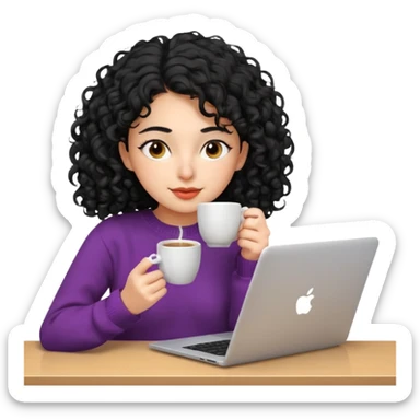young Persian woman, 20 years old, black curly hair, wearing a sweater, sipping coffee while looking at a laptop, relaxed mood, 3D Apple emoji style sticker