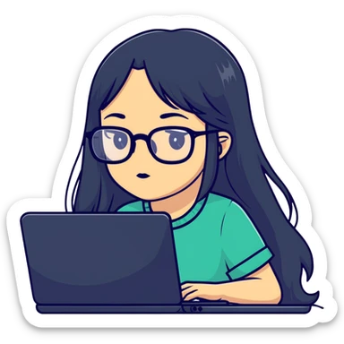 Girl with long black hair, glasses, nostril piercing, and a computer sticker