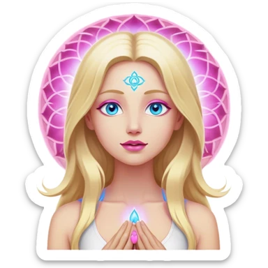 A cinematic realistic blonde with long hair, blue eyes and pink lips
meditates, her 7 chakras glow. sticker
