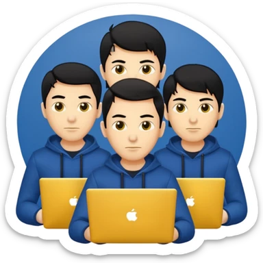 technologist using laptop coding with 2 other technologist three of it is man skin color yellow that using 3 laptop the hair is black and the cloth is dark blue sticker