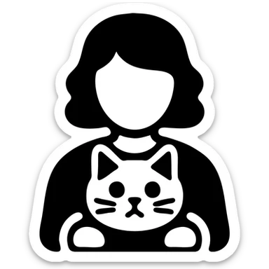 wavy black haired girl with a short haitcut holding a british cat sticker