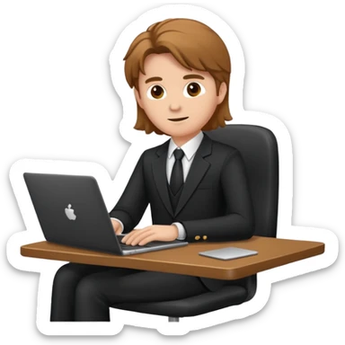 Mach mir einen Trader der in einem Schreibtischstuhl sitzt mit einem Laptop. vor sich am tisch. Aber er soll alleine sein. Mach ihn mit anzug und braunen haaren und määnlich sticker