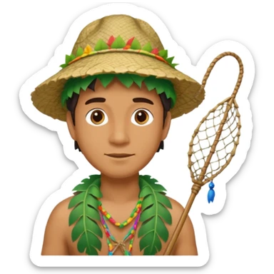 Hawaiian man with leaf hat and fishing net and colorful cloth sticker